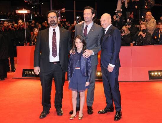 American director James Mangold, Australian actor Hugh Jackman, British actress Dafne Keen and British actor Patrick Stewart attend the premiere for Logan at the Grand Hyatt Hotel in Berlin on February 17, 2017.  LON20170217413 PAULxTREADWAY