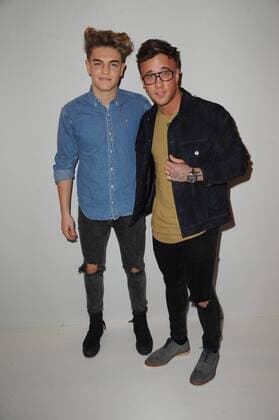 X Factor pop singers Freddie Parker and Sam Callahan attending the One To Watch London Fashion Week show, held at Freemasons Hall, London. FEBRUARY 17th 2017  TSTx17354