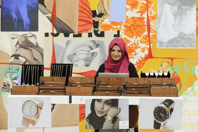 February 18, 2017 - London, UK - London, UK. A retailer presents watches for sale at the UK s first London Modest Fashion Week taking place this weekend at the Saatchi Gallery. The two day event sees 40 brands from across the world come together to showcase their collections for Muslim and other religious women. London UK  - ZUMAl94_ 20170218_zaf_l94_028 Copyright: xStephenxChungx