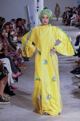 February 18, 2017 - London, UK - London, UK. A model presents a look by Tuhfah (Malaysia) at the UK s first London Modest Fashion Week taking place this weekend at the Saatchi Gallery. The two day event sees 40 brands from across the world come together to showcase their collections for Muslim and other religious women. London UK  - ZUMAl94_ 20170218_zaf_l94_031 Copyright: xStephenxChungx