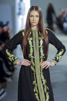 February 18, 2017 - London, UK - London, UK. A model presents a look by Rouge Couture (Dubai) at the UK s first London Modest Fashion Week taking place this weekend at the Saatchi Gallery. The two day event sees 40 brands from across the world come together to showcase their collections for Muslim and other religious women. London UK  - ZUMAl94_ 20170218_zaf_l94_035 Copyright: xStephenxChungx