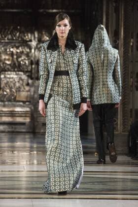 London, UK, 18 February 2017. A model walks the runway during the Malan Breton show at Fashion Scout, London Fashion Week. Malan Breton, Fashion Scout, London Fashion Week, London, UK 