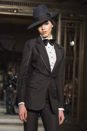London, UK, 18 February 2017. A model walks the runway during the Malan Breton show at Fashion Scout, London Fashion Week. Malan Breton, Fashion Scout, London Fashion Week, London, UK 