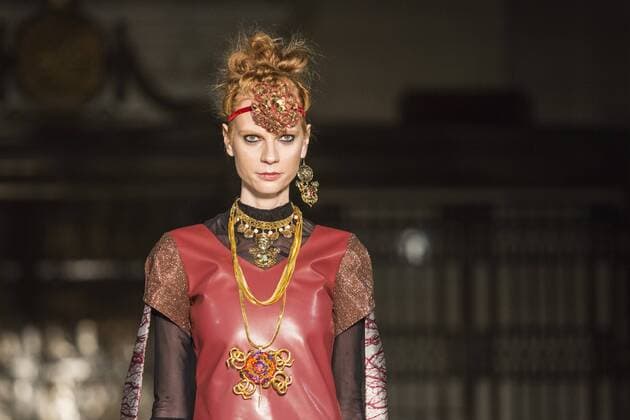 London, UK, 19 February 2017. A model walks the runway during the Felix Bendish (Mumbai) show at House of MEA, Fashion Scout, London Fashion Week. House of Middle East & Asia is a platform to promote fashion talent from across the Middle East, Asia and India. House of MEA, Fashion Scout, London Fashion Week, London, UK 