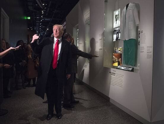 President Donald Trump speaks to the media as he visits the Ben Carson exhibit as they tour the Smithsonian National Museum of African American History & Culture in Washington, D.C. on February 21, 2017.  WAP20170221306 KEVINxDIETSCH