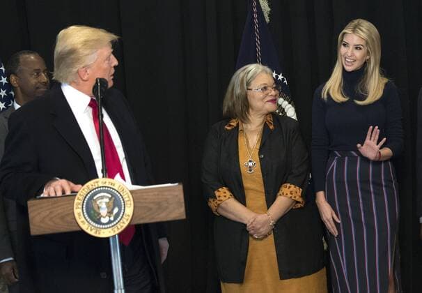 President Donald Trump looks to his daughter Ivanka (R) as she is joined by Alveda King, niece of Martin Luther King Jr., as Trump delivers remarks after touring the Smithsonian National Museum of African American History & Culture in Washington, D.C. on February 21, 2017.  WAP20170221312 KEVINxDIETSCH