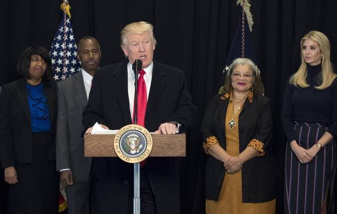 President Donald Trump delivers remarks after touring the Smithsonian National Museum of African American History & Culture in Washington, D.C. on February 21, 2017. Trump was joined by Dr. Ben Carson (2nd-L), Carson s wife Candy (L), Alveda King (2nd-R), niece of Martin Luther King Jr. and Ivanka Trump.  WAP20170221313 KEVINxDIETSCH
