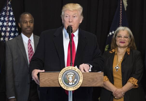 President Donald Trump delivers remarks after touring the Smithsonian National Museum of African American History & Culture in Washington, D.C. on February 21, 2017. Trump was joined by Dr. Ben Carson and Alveda King, niece of Martin Luther King Jr.  WAP20170221323 KEVINxDIETSCH