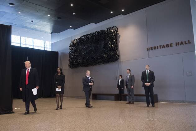 February 21, 2017 - Washington, District of Columbia, United States of America - United States President Donald Trump walks to the podium to deliver a statement after touring the Smithsonian National Museum of African American History & Culture in Washington, D.C. on February 21, 2017. Photo Credit: CNP AdMedia Washington United States of America - ZUMAa123 20170221_zaa_a123_010 Copyright: xKevinxDietschx
