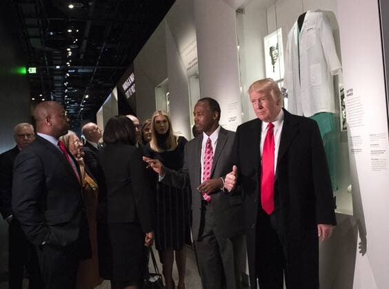 February 21, 2017 - Washington, District of Columbia, United States of America - United States President Donald Trump, joined by Dr. Ben Carson Ivanka Trump and Sen. Tom Scott, R-S.C., visit the Ben Carson exhibit as they tour the Smithsonian National Museum of African American History & Culture in Washington, D.C. on February 21, 2017. Photo Credit: CNP AdMedia Washington United States of America - ZUMAa123 20170221_zaa_a123_014 Copyright: xKevinxDietschx