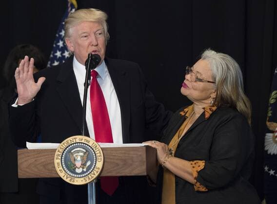 February 21, 2017 - Washington, District of Columbia, United States of America - United States President Donald Trump delivers remarks with Alveda King, niece of Martin Luther King Jr., after touring the Smithsonian National Museum of African American History & Culture in Washington, D.C. on February 21, 2017. Photo Credit: CNP AdMedia Washington United States of America - ZUMAa123 20170221_zaa_a123_018 Copyright: xKevinxDietschx