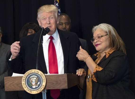 February 21, 2017 - Washington, District of Columbia, United States of America - United States President Donald Trump delivers remarks with Alveda King, niece of Martin Luther King Jr., after touring the Smithsonian National Museum of African American History & Culture in Washington, D.C. on February 21, 2017. Photo Credit: CNP AdMedia Washington United States of America - ZUMAa123 20170221_zaa_a123_019 Copyright: xKevinxDietschx