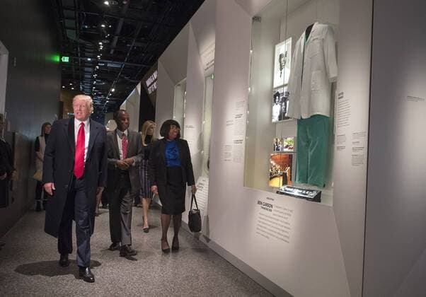 February 21, 2017 - Washington, District of Columbia, United States of America - United States President Donald Trump, joined by Dr. Ben Carson and his wife Candy, visit the Ben Carson exhibit as they tour the Smithsonian National Museum of African American History & Culture in Washington, D.C. on February 21, 2017. Photo Credit: CNP AdMedia Washington United States of America - ZUMAa123 20170221_zaa_a123_023 Copyright: xKevinxDietschx