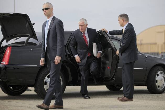 February 22, 2017 - Andrews Air Force Base, Maryland, U.S - Secretary of State Rex Tillerson exits his limousine at Andrews Air Force Base, Md., Wednesday, Feb. 22, 2017, before his departure to Mexico. President Donald Trump is sending his Tillerson and Homeland Security Secretary John Kelly to Mexico on a fence-mending mission made all the more challenging by the actual fence he wants to build on the southern border. Andrews Air Force Base U.S. - ZUMAp124 20170222_zaa_p124_006 Copyright: xCarlosxBarria Poolx