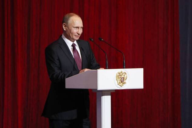 MOSCOW, RUSSIA - FEBRUARY 23, 2017: Russiaâ€™s President Vladimir Putin addresses a concert marking Defender of the Fatherland Day at Moscowâ€™s Kremlin. Vyacheslav Prokofyev TASS  TS042586