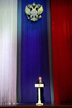 MOSCOW, RUSSIA - FEBRUARY 23, 2017: Russiaâ€™s President Vladimir Putin addresses a concert marking Defender of the Fatherland Day at Moscowâ€™s Kremlin. Mikhail Klimentyev Russian Presidential Press and Information Office TASS  TS04259B