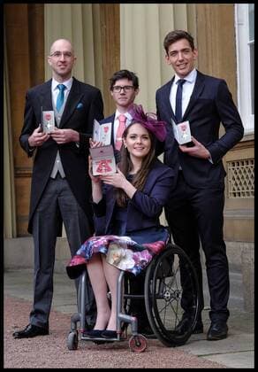 Verleihung von Ritterorden in London . 23 02 2017. London, United Kingdom. Investitures. Buckingham Palace. Daniel Brown, Oliver James and James Fox, Lauren Rowles after the Queen s investitures at Buckingham Palace  xi-Imagesx xPoolx IIM-14494-0040
