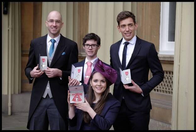 Verleihung von Ritterorden in London . 23 02 2017. London, United Kingdom. Investitures. Buckingham Palace. Daniel Brown, Oliver James and James Fox, Lauren Rowles after the Queen s investitures at Buckingham Palace  xi-Imagesx xPoolx IIM-14494-0041