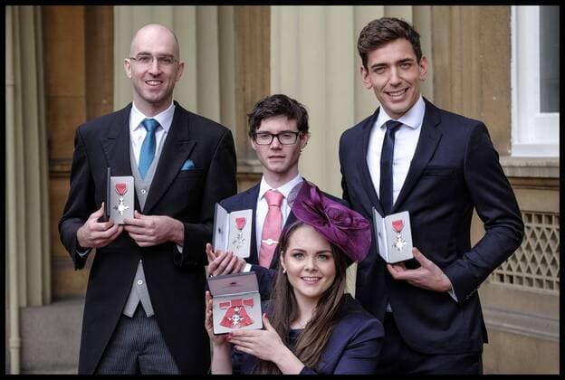 Verleihung von Ritterorden in London . 23 02 2017. London, United Kingdom. Investitures. Buckingham Palace. Daniel Brown, Oliver James and James Fox, Lauren Rowles after the Queen s investitures at Buckingham Palace  xi-Imagesx xPoolx IIM-14494-0042