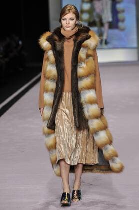 Italy: Ferre Fur Show A model walks the runway at the Ferre Fur show during Milan Fashion Week Fall Winter 2017 18.  GaetanoxPiazzolla