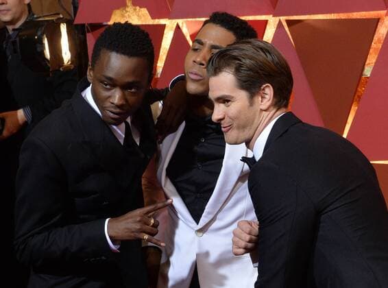 (L-R) Actors Shariff Earp, Jharrel Jerome and Andrew Garfield arrive on the red carpet for the 89th annual Academy Awards at the Dolby Theatre in the Hollywood section of Los Angeles on February 26, 2017.  LAP20170226453 JIMxRUYMEN
