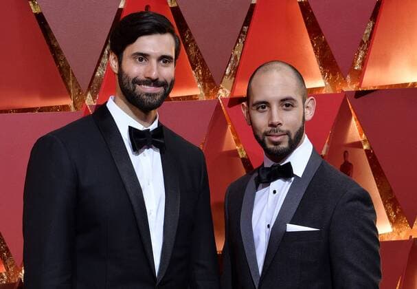 (L-R) Andrew Coats and Lou Hamou-Lhad arrive on the red carpet for the 89th annual Academy Awards at the Dolby Theatre in the Hollywood section of Los Angeles on February 26, 2017.  LAP20170226477 JIMxRUYMEN