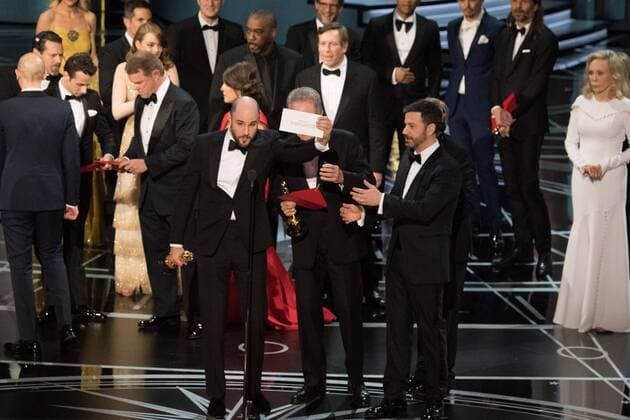 Feb 26, 2017 - Hollywood, California, U.S. - La La Land producer JORDAN HOROWITZ holds up the winner card for best picture during The 89th Oscars at the Dolby Theatre. His film La La Land had been read as the winner, but the actual winner was Moonlight. Hollywood U.S. - ZUMAz03_ 20170226_sho_z03_766 Copyright: xMarkxSuban.x