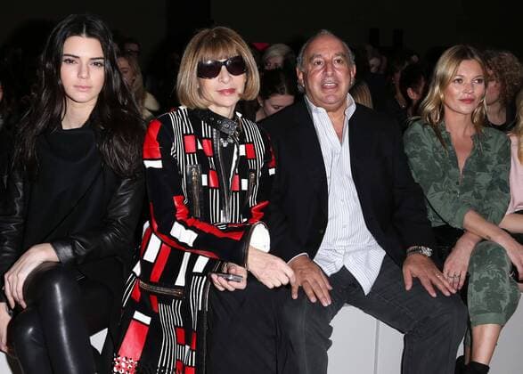 Photo filed Wednesday 1st March 2017 - it s been reported that Sir Philip Green will put £363m into pension fund of collapsed retailer BHS after threats to strip his knighthood. The Topshop owner, who was vilified for his role in BHS s failure last year after selling it for a token sum in 2015, will pay cash to settle a shortfall in the fund, which has around 20,000 members. Kendal Kardashian, Anna Wintour ,Sir Philip Green and Kate Moss in there front row at the Topshop Unique show at London Fashion Week A W 14, Sunday, 16th February 2014.  xStephenxLockx xi-Imagesx IIM-14551-0038