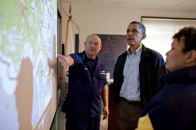 May 02, 2010 - Los Angeles, California, U.S. - U.S. Coast Guard Commandant ADMIRAL THAD ALLEN, left, who is serving as the National Incident Commander, and EPA Administrator LISA JACKSON, right, brief President BARACK OBAMA about the situation along the Gulf Coast following the BP oil spill, at the Coast Guard Venice Center. - ZUMAz03_ 20100502_jbs_z03_252 Copyright: xPetexSouzax