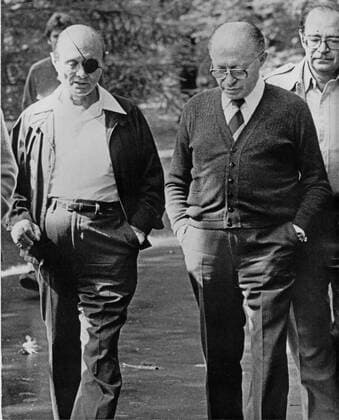 Jan. 6, 2011 - Thurmont, Maryland, United States of America - Foreign Minister Moshe Dayan of Israel, left, and Prime Minister Menachem Begin of Israel, right, walk together during the closing hours of the Egypt-Israel Summit at Camp David, the presidential retreat near Thurmont, Maryland on September 17, 1978.. - ZUMAs152 20110106_zaa_s152_016 Copyright: xWhitexHousex