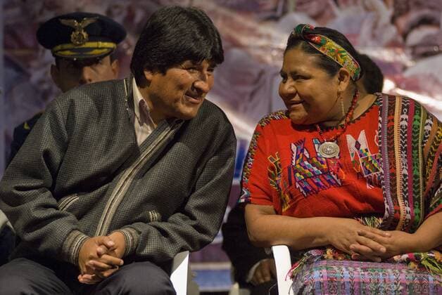 Oct 10, 2007 - La Paz, Bolivia - Bolivian President EVO MORALES (L) talks with Nobel Peace Prize winner RIGOBERTA MENCHU during an andean ceremony during the World Indigenous Encounter in La Paz, Bolivia. This encounter is to celebrate the Indigenous People Rights Declaration which have benn approved by the United Nations. Rigoberta Menchu says during her speech that she would support Evo Morales to be Peace Nobel Price. The bolivian President says during his speech that after the andean ama sulla, ama llulla, ama kella (don t steal, don t lie, don t be lazy) he proposes the anti imperialism, anti colonialism and anti neoliberalism. - ZUMAl72_ 20071010_cob_l72_895 Copyright: xChristianxLombardix