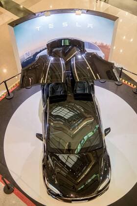 March 9, 2017 - Shanghai, Shanghai, China - Shanghai, CHINA-March 9 2017: (EDITORIAL USE ONLY. CHINA OUT)..A black Tesla Model X shows at a shopping mall in Shanghai, March 9th, 2017. The Tesla Model X is a full-sized, all-electric, luxury, crossover SUV made by Tesla Inc. that uses falcon wing doors for access to the second and third row seats. Shanghai China  - ZUMAs145 20170309_zaa_s145_099 Copyright: xWangxGangx