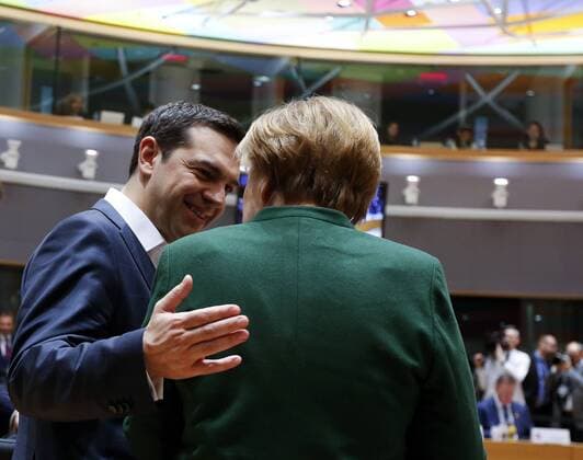 (170310) -- BRUSSELS, March 10, 2017 -- German Chancellor Angela Merkel (R) talks with Greek Prime Minister Alexis Tsipras during a meeting on the second day of the European spring summit in Brussels, Belgium, March 10, 2017. ) (lrz) BELGIUM-BRUSSELS-EU-SUMMIT YexPingfan 