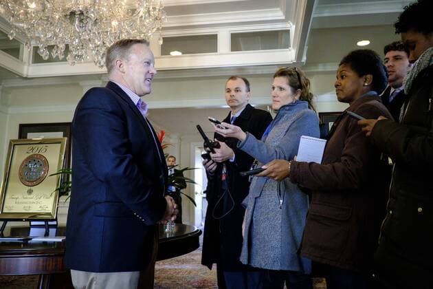 March 11, 2017 - Potomac Falls, Virginia, United States of America - White House Press Secretary Sean Spicer briefs the press pool as United States President Donald Trump has a working lunch with staff and cabinet members and significant others at his golf course, Trump National Golf Club in Potomac Falls, Virginia, U.S., on Saturday, March 11, 2017. .Credit: Pool via CNP Potomac Falls United States of America - ZUMAs152 20170311_zaa_s152_005 Copyright: xPetexMarovichx