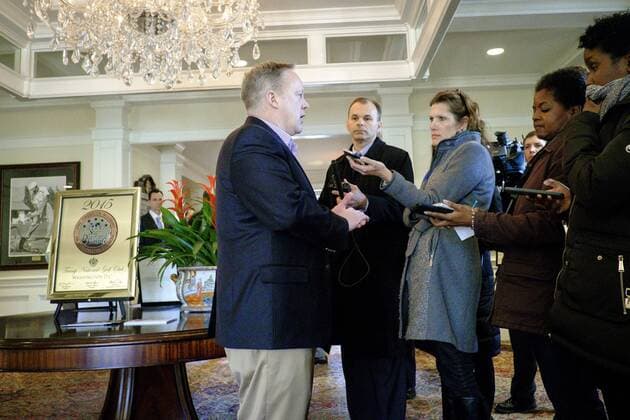 March 11, 2017 - Potomac Falls, Virginia, United States of America - White House Press Secretary Sean Spicer briefs the press pool as United States President Donald Trump has a working lunch with staff and cabinet members and significant others at his golf course, Trump National Golf Club in Potomac Falls, Virginia, U.S., on Saturday, March 11, 2017. .Credit: Pool via CNP Potomac Falls United States of America - ZUMAs152 20170311_zaa_s152_002 Copyright: xPetexMarovichx