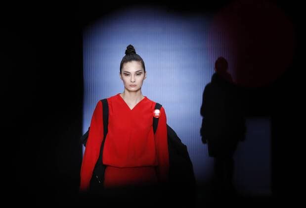 MOSCOW, RUSSIA - MARCH 12, 2017: A model wears a creation from the spring summer 2017 Chapurin for Finn Flare collection during a catwalk show at the 2017 Mercedes-Benz Fashion Week Russia in the Manege Central Exhibition Hall. Artyom Geodakyan TASS  TS043F6E