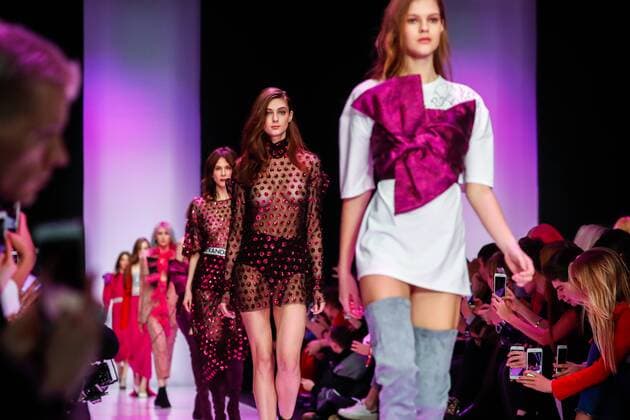 MOSCOW, RUSSIA - MARCH 12, 2017: Models showcase creations during a runway show for the Spring Summer 2017 collection by Russian fashion designer Alexandr Rogov on the opening day of the 2017 Mercedes-Benz Fashion Week Russia in the Manege Central Exhibition Hall. Artyom Geodakyan TASS  TS043FF8