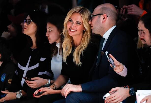 MOSCOW, RUSSIA - MARCH 12, 2017: TV presenter Victoria Lopyreva (C) attends a runway show for the Spring Summer 2017 collection by Russian fashion designer Alexandr Rogov on the opening day of the 2017 Mercedes-Benz Fashion Week Russia in the Manege Central Exhibition Hall. Artyom Geodakyan TASS  TS04400D