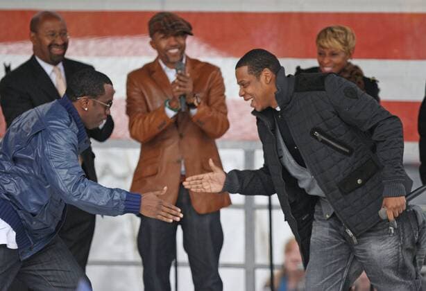 Nov. 3, 2008 - Sean Diddy Combs, left, and Jay Z slap hands together when Jay Z takes the stage for his appearance at the Get Out The Vote rally, Monday, November 3, 2008, in Philadelphia, Pennsylvania. ( Philadelphia Inquirer MCT) - ZUMAm67_ 20081103_baf_m67_088 Copyright: xMichaelxBryantx