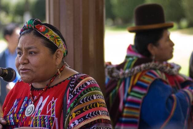 Oct 10, 2007 - La Paz, Bolivia - Nobel Peace Prize winner RIGOBERTA MENCHU (L) makes a speech during the World Indigenous Encounter in La Paz, Bolivia. This encounter is to celebrate the Indigenous People Rights Declaration which have benn approved by the United Nations. Rigoberta Menchu says during her speech that she would support Evo Morales to be Peace Nobel Price. The bolivian President says during his speech that after the andean ama sulla, ama llulla, ama kella (don t steal, don t lie, don t be lazy) he proposes the anti imperialism, anti colonialism and anti neoliberalism. - ZUMAl72_ 20071010_cob_l72_886 Copyright: xChristianxLombardix