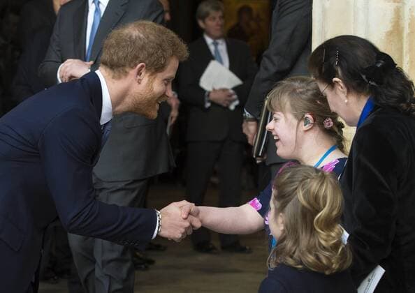 (170313) -- LONDON, March 13, 2017 () -- Prince Harry (L, Front) shakes hands with one of the flower girls after attending the Commonwealth Day celebrations service at Westminster Abbey in London, Britain, on March 13, 2017. () -UK OUT- UK-LONDON-COMMONWEALTH DAY Xinhua 