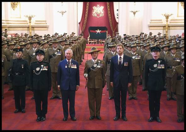 . 14 03 2017. London, United Kingdom. The Royal Gurkha service medals. Prince Charles, Prince of Wales and Prince Harry attend a medal presentation for The Royal Gurkha Rifles at Buckingham Palace on March 14, 2017 in London, England. 2017 marks the 40th anniversary of The Prince Of Wales as Colonel-in-Chief of The Royal Gurkha Rifles.  xi-Imagesx xPoolx IIM-14660-0002