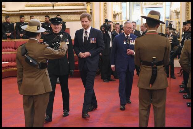. 14 03 2017. London, United Kingdom. The Royal Gurkha service medals. Prince Charles, Prince of Wales and Prince Harry attend a medal presentation for The Royal Gurkha Rifles at Buckingham Palace on March 14, 2017 in London, England. 2017 marks the 40th anniversary of The Prince Of Wales as Colonel-in-Chief of The Royal Gurkha Rifles.  xi-Imagesx xPoolx IIM-14660-0005