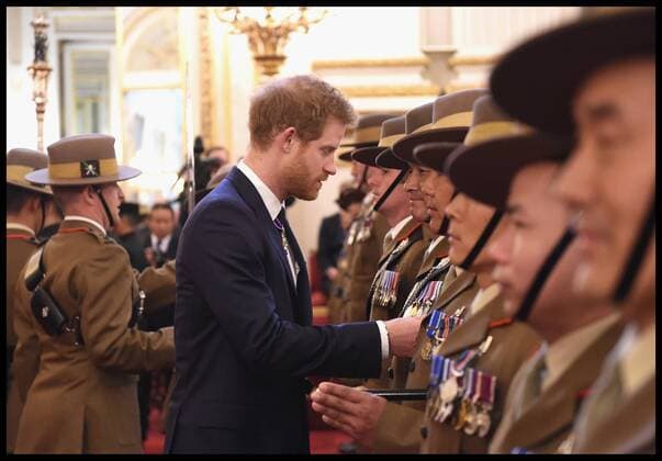 . 14 03 2017. London, United Kingdom. The Royal Gurkha service medals. Prince Harry attends a medal presentation for The Royal Gurkha Rifles at Buckingham Palace on March 14, 2017 in London, England. 2017 marks the 40th anniversary of The Prince Of Wales as Colonel-in-Chief of The Royal Gurkha Rifles.  xi-Imagesx xPoolx IIM-14660-0016