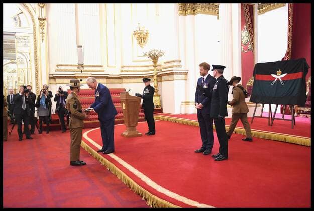 . 14 03 2017. London, United Kingdom. The Royal Gurkha service medals. Prince Charles, Prince of Wales and Prince Harry attend a medal presentation for The Royal Gurkha Rifles at Buckingham Palace on March 14, 2017 in London, England. 2017 marks the 40th anniversary of The Prince Of Wales as Colonel-in-Chief of The Royal Gurkha Rifles.  xi-Imagesx xPoolx IIM-14660-0031