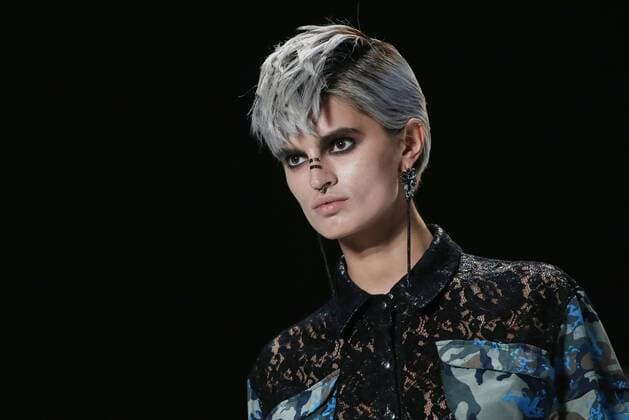MOSCOW, RUSSIA - MARCH 16, 2017: A model showcases creations during a runway show for Russian fashion designer Yuri Pitenin s (Saint-Tokyo) collection at the 2017 Mercedes-Benz Fashion Week Russia at Manege Central Exhibition Hall. Anton Novoderezhkin TASS  TS0445EA
