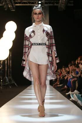 MOSCOW, RUSSIA - MARCH 16, 2017: A model showcases creations during a runway show for Russian fashion designer Yuri Pitenin s (Saint-Tokyo) collection at the 2017 Mercedes-Benz Fashion Week Russia at Manege Central Exhibition Hall. Anton Novoderezhkin TASS  TS0445EB