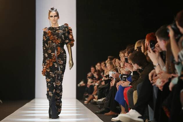 MOSCOW, RUSSIA - MARCH 16, 2017: A model showcases creations during a runway show for Russian fashion designer Yuri Pitenin s (Saint-Tokyo) collection at the 2017 Mercedes-Benz Fashion Week Russia at Manege Central Exhibition Hall. Anton Novoderezhkin TASS  TS0445EE