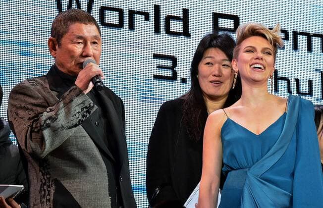 Japanese actor Takeshi Kitano(L) and actress Scarlett Johansson attend a world premiere for the film Ghost in the shell in Tokyo, Japan on March 16, 2017.  TKP2017031627 KEIZOxMORI