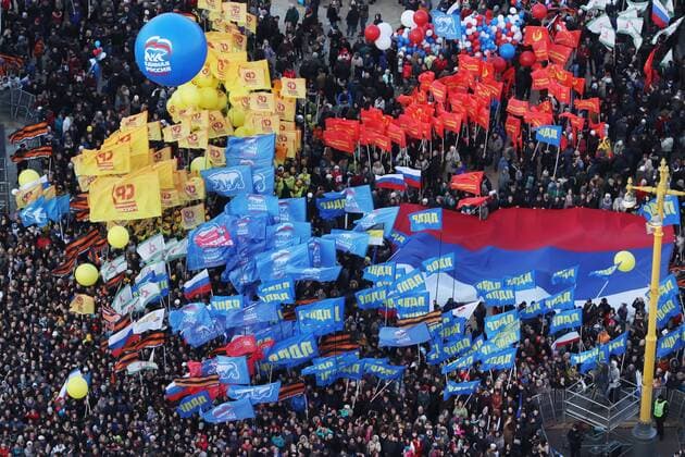 MOSCOW, RUSSIA - MARCH 18, 2017: An aerial view of people gathering for a concert marking the 3rd anniversary of Crimea s reunification with Russia, by the Moscow State University main building. Stanislav Krasilnikov TASS  TS044BEA